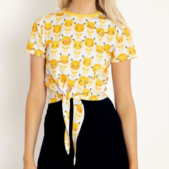 Blackmilk Tops - BLACKMILK Pokemon Pikachu faces tie front crop short sleeve tee shirt‎ XXL